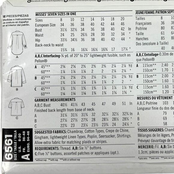 UNCUT NEW LOOK Sewing Pattern 6561 Misses Women Ladies Shirts, Blouse, Top 8-20 - Picture 10 of 11